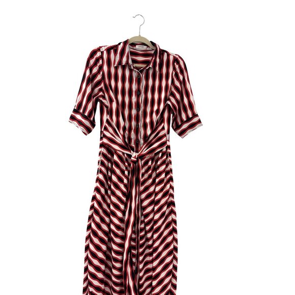 Eshakti Women's Red and Black Tie waist stripe print crepe shirtdress size Large - Picture 1 of 7